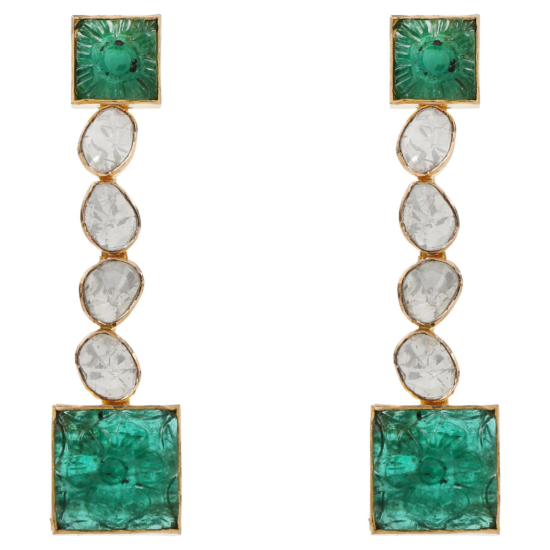 14 Karat Yellow Gold Square Dangle Earrings with Uncut Diamonds and Emerald For Sale