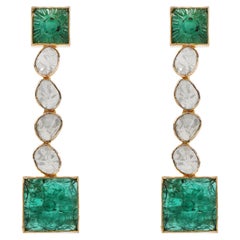 14 Karat Yellow Gold Square Dangle Earrings with Uncut Diamonds and Emerald