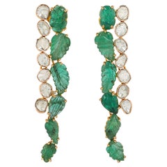 14 karat Gold Vine Dangle Earrings with Uncut Diamonds and Emerald
