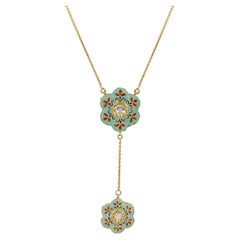 22 Karat Yellow Gold Two Flower Drop Necklace with Uncut Diamonds and Enamel