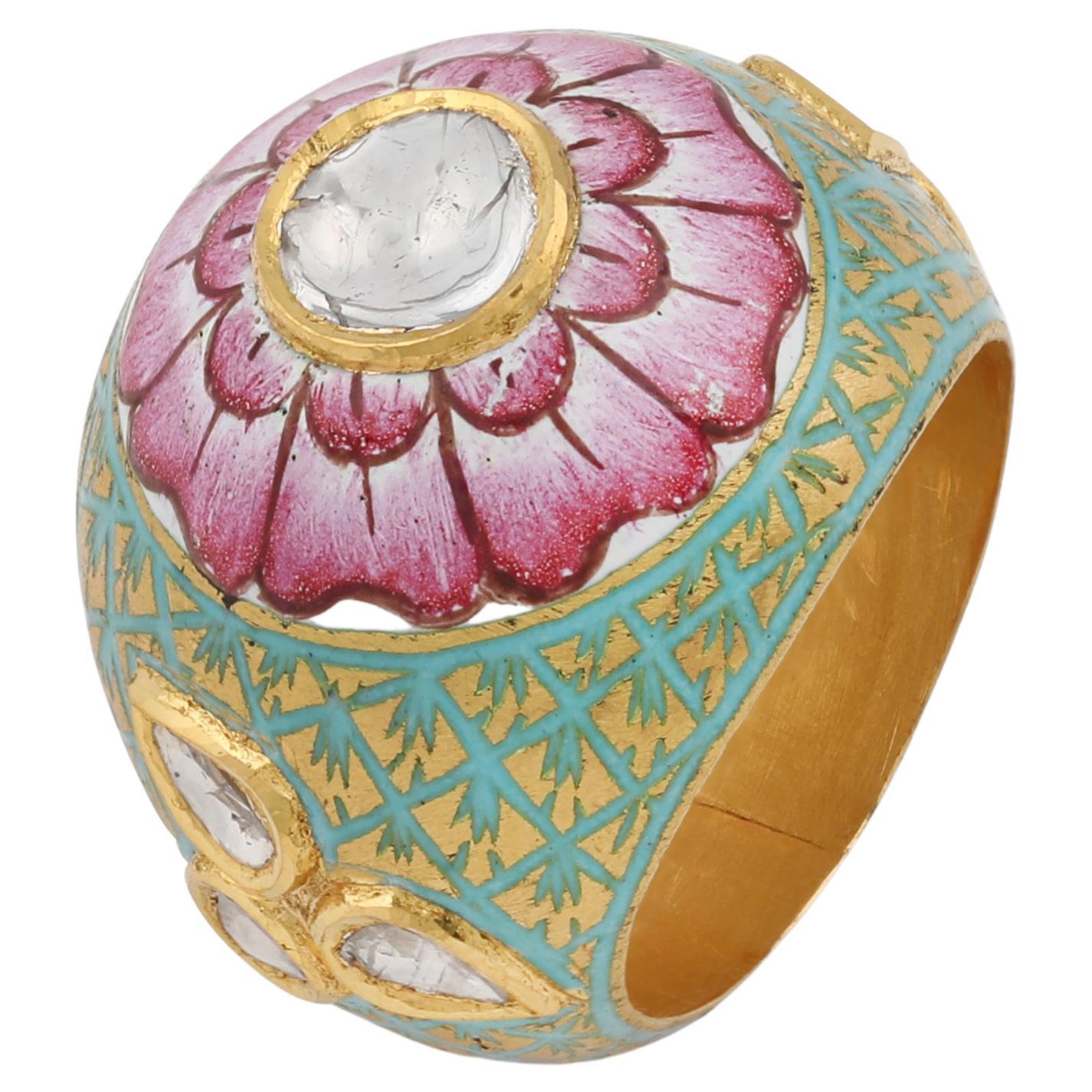 22 Karat Yellow Gold Pink Dome Ring with Uncut Diamonds and Enamel For Sale