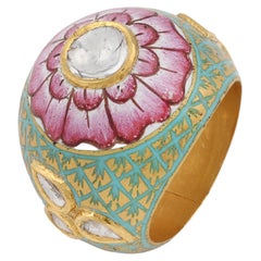 22 Karat Yellow Gold Pink Dome Ring with Uncut Diamonds and Enamel