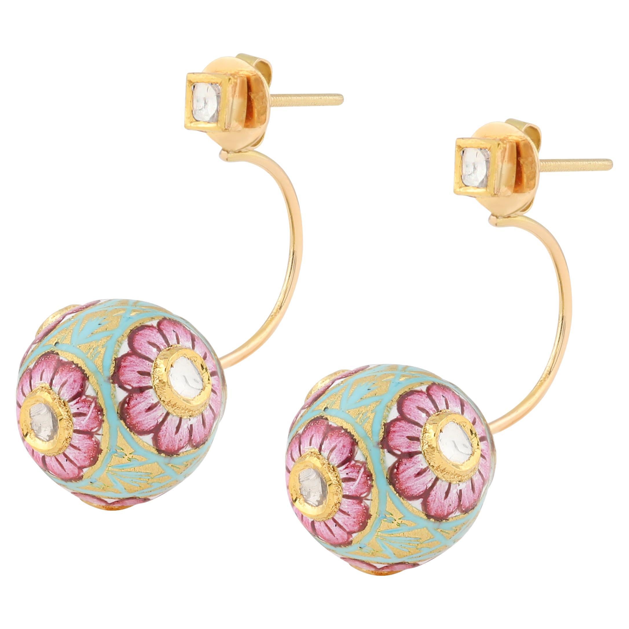 22 Karat Yellow Gold Pink Ball Earrings with Uncut Diamonds and Enamel For Sale