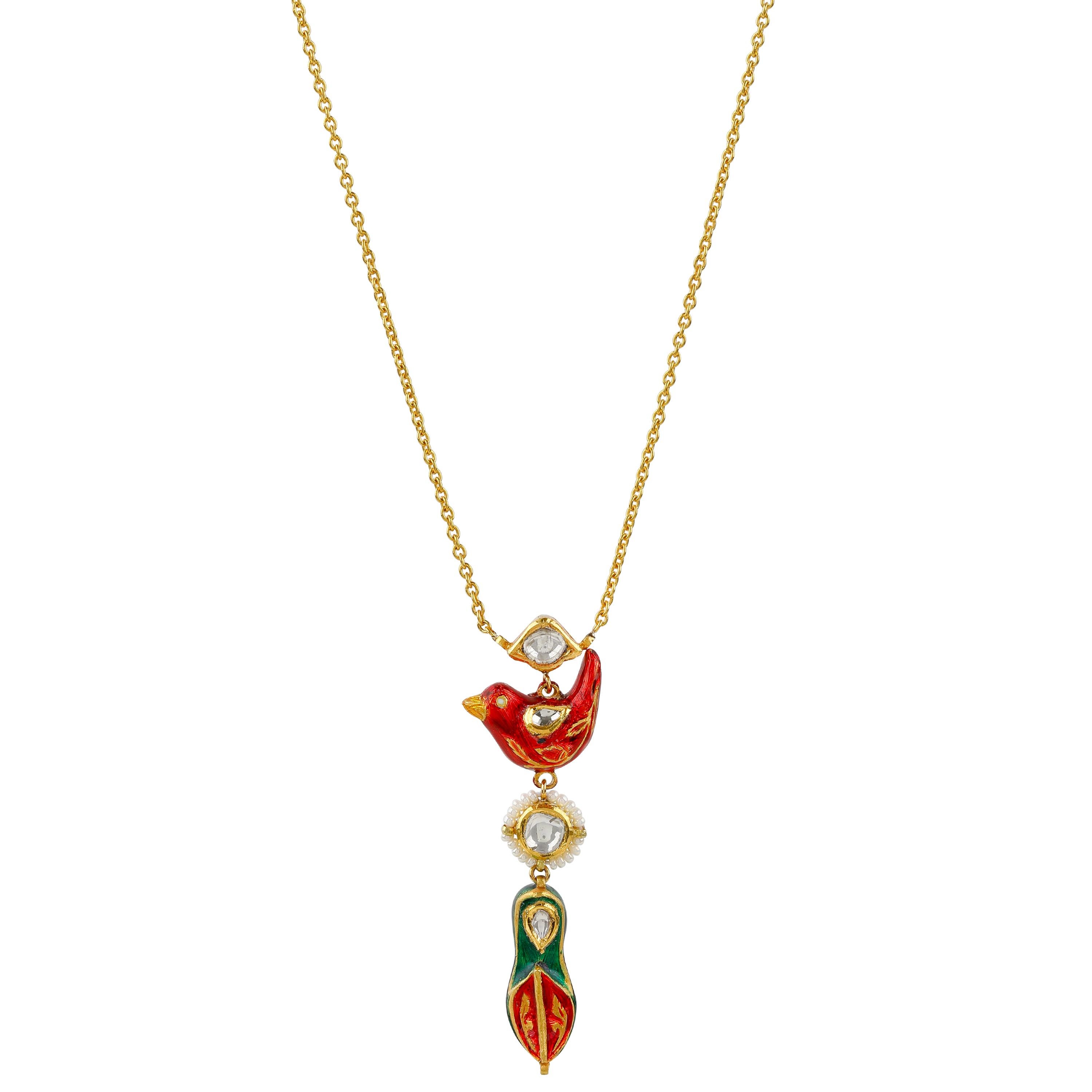 22 Karat Yellow Gold Bird and Jutti Necklace with Uncut Diamond and Enamel For Sale 1