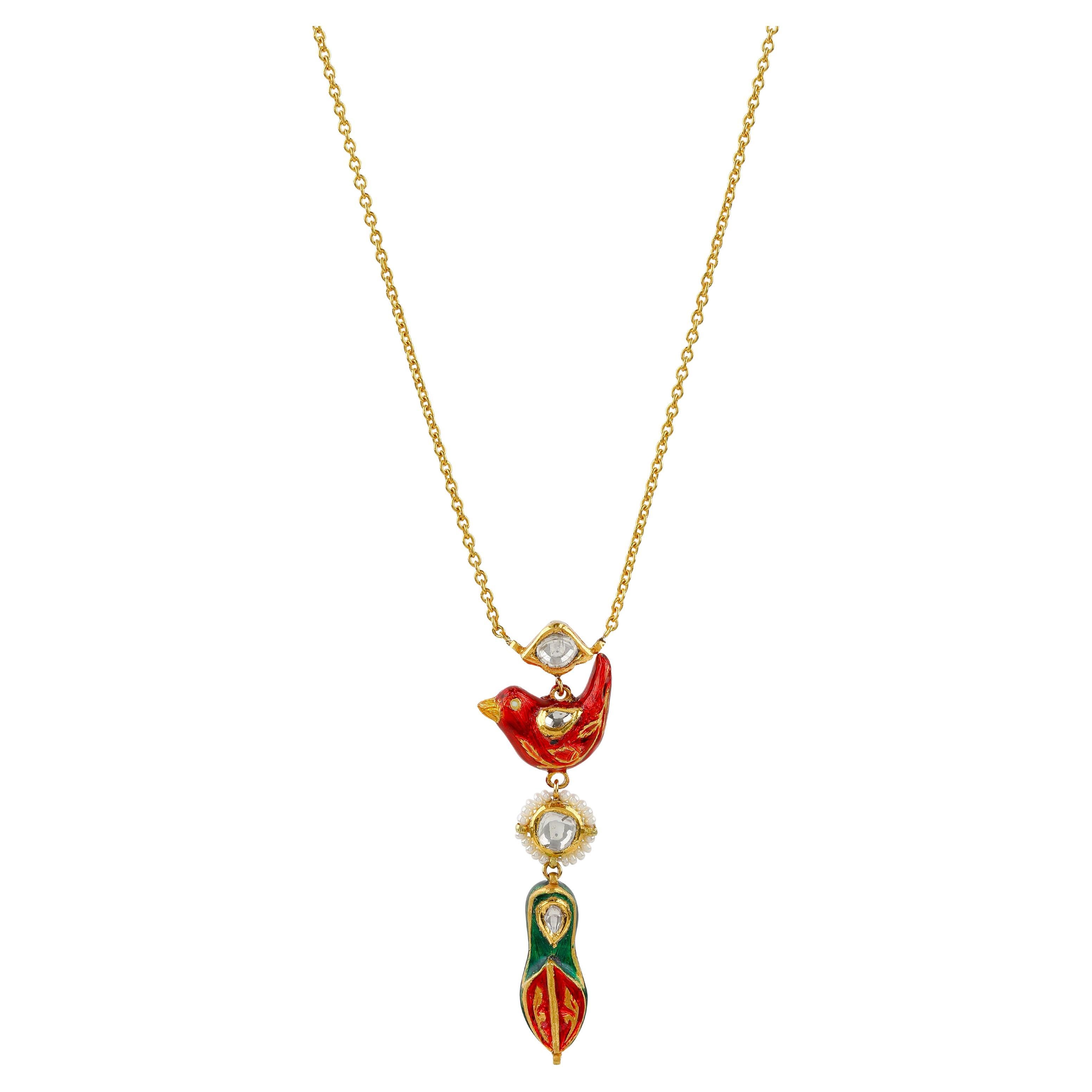 22 Karat Yellow Gold Bird and Jutti Necklace with Uncut Diamond and Enamel For Sale
