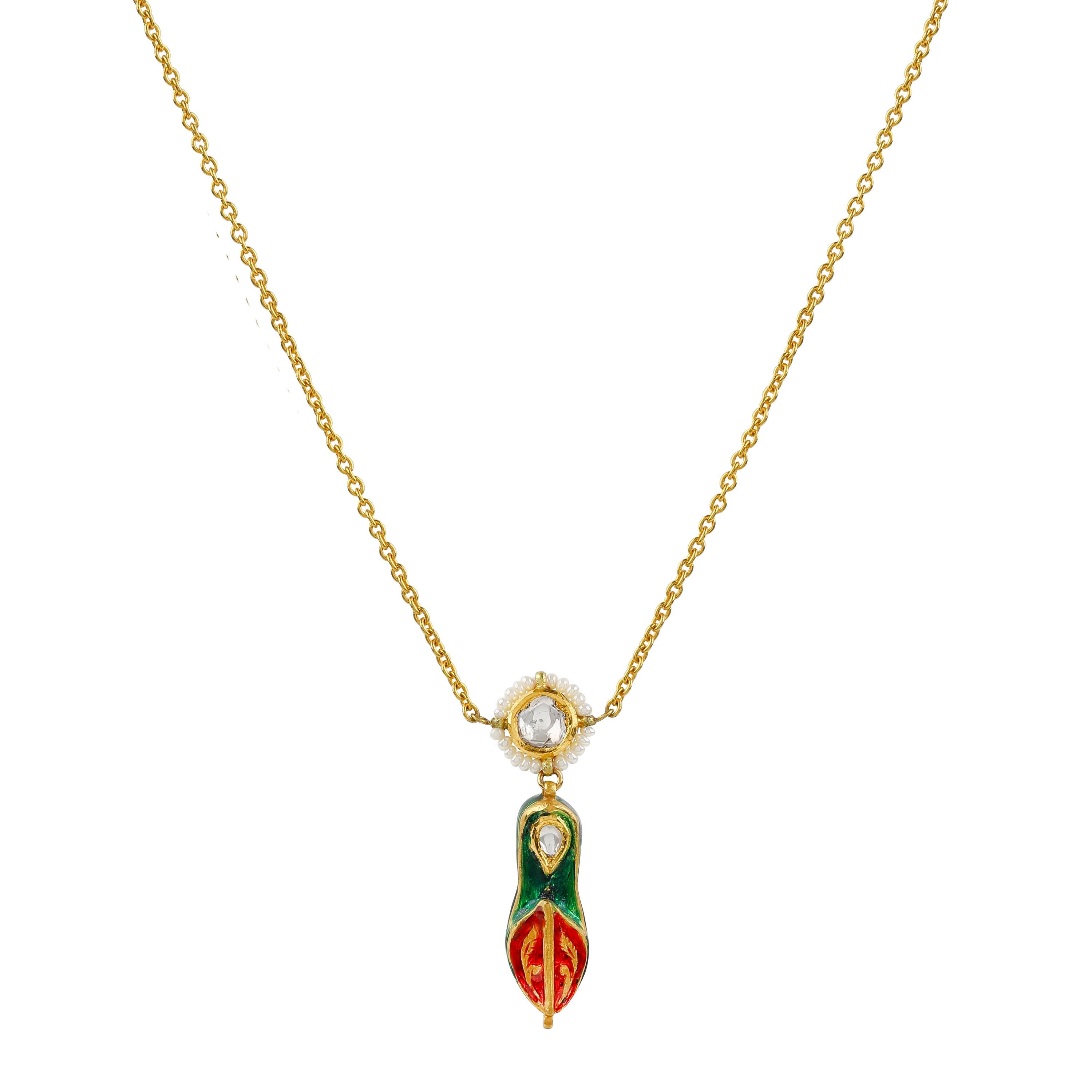 Women's 22 Karat Yellow Gold Jutti Pendant Necklace with Uncut Diamonds and Enamel For Sale