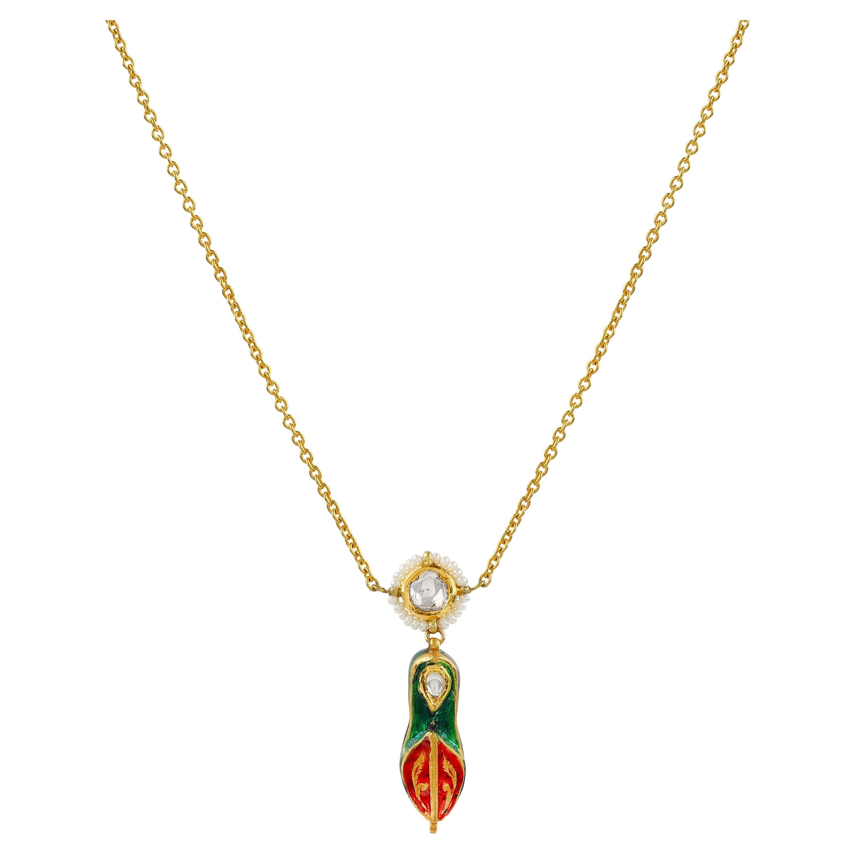 22 Karat Yellow Gold Jutti Pendant Necklace with Uncut Diamonds and Enamel For Sale