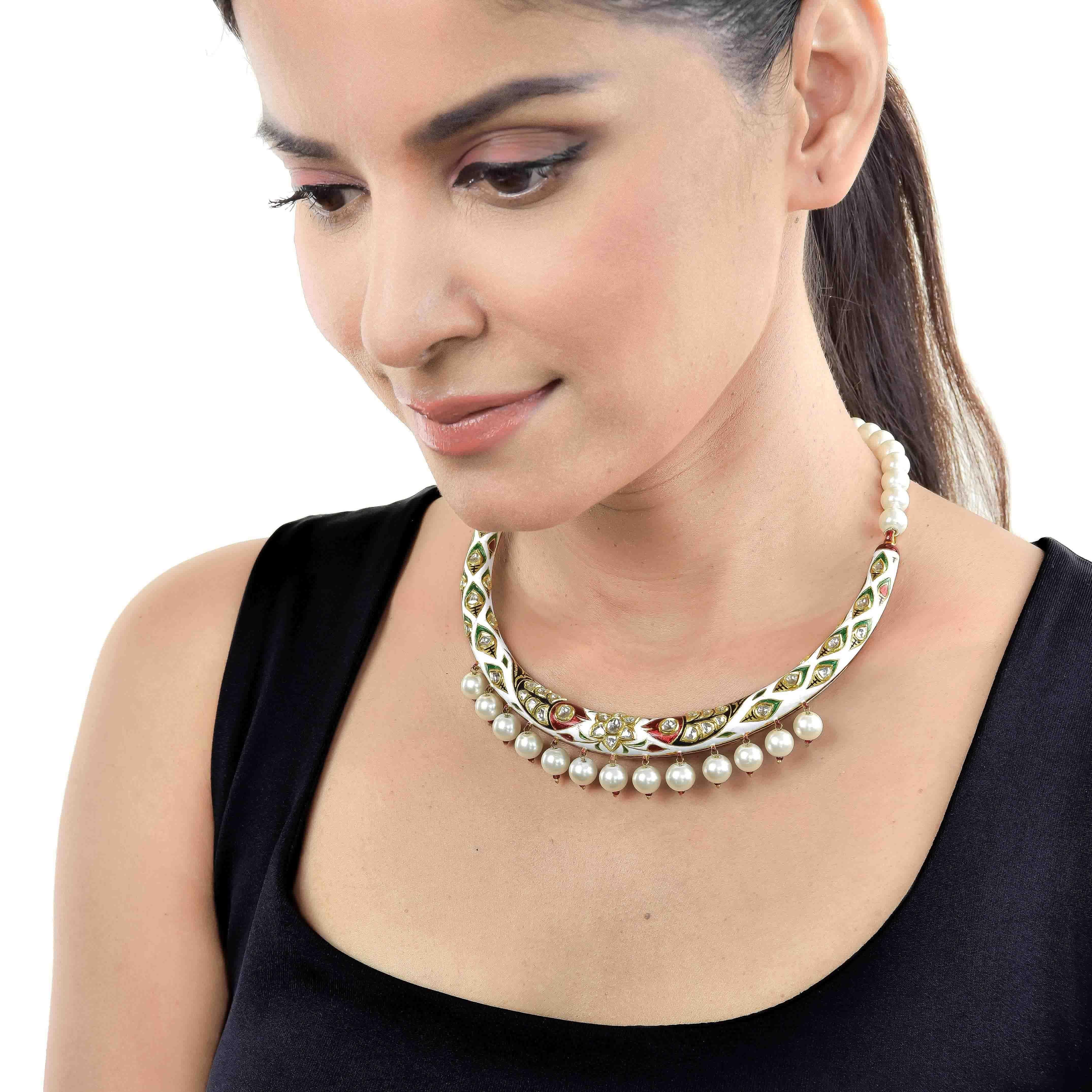 Artisan Manjrie Enamel Uncut Diamond Pearl 22 Karat Gold Necklace For Sale