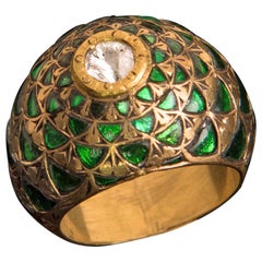 Manjrie Green Aquamarine Uncut Diamond 22k Gold Artisan Dome Ring