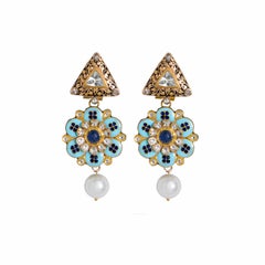 Pearl Diamond Turquoise Enamel 22 Karat Gold Artisan Dangle Earrings