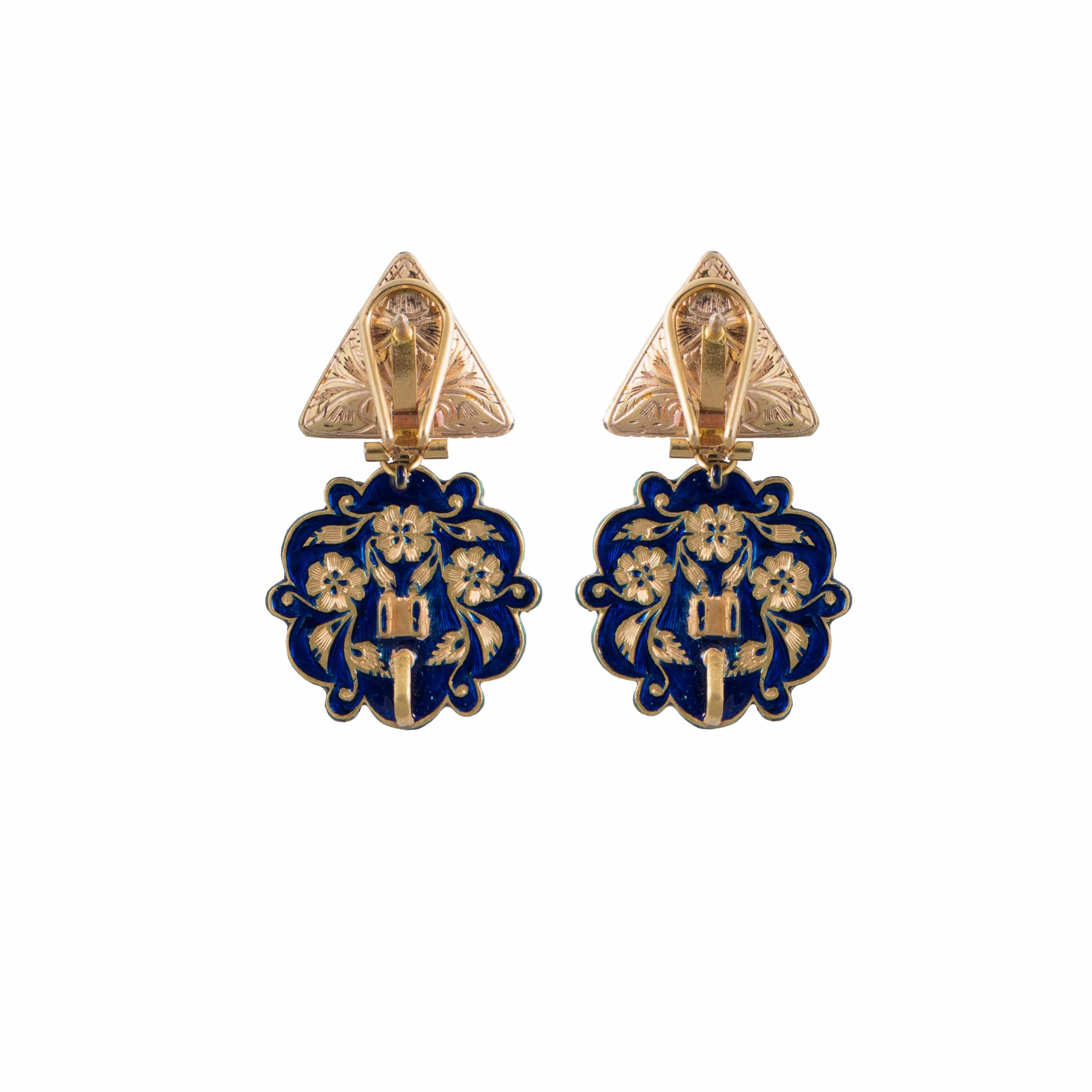 Rose Cut Pearl Diamond Turquoise Enamel 22 Karat Gold Artisan Dangle Earrings For Sale