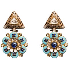 Pearl Diamond Turquoise Enamel 22 Karat Gold Artisan Dangle Earrings
