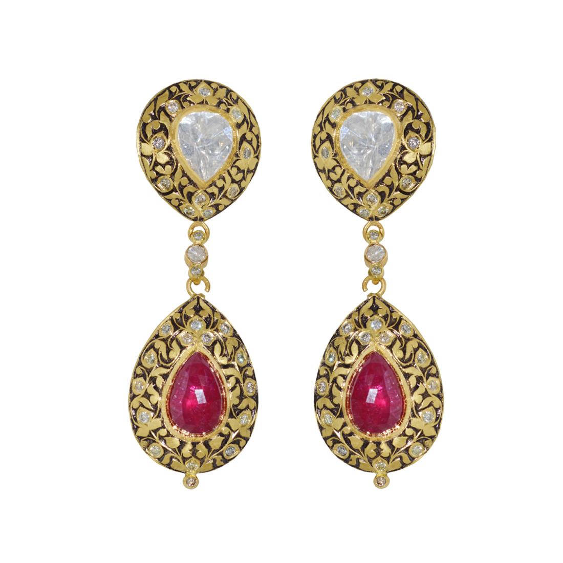 Manjrie Ruby Double-Cut Diamond 22k Gold Artisan Hook Earrings Damen im Angebot