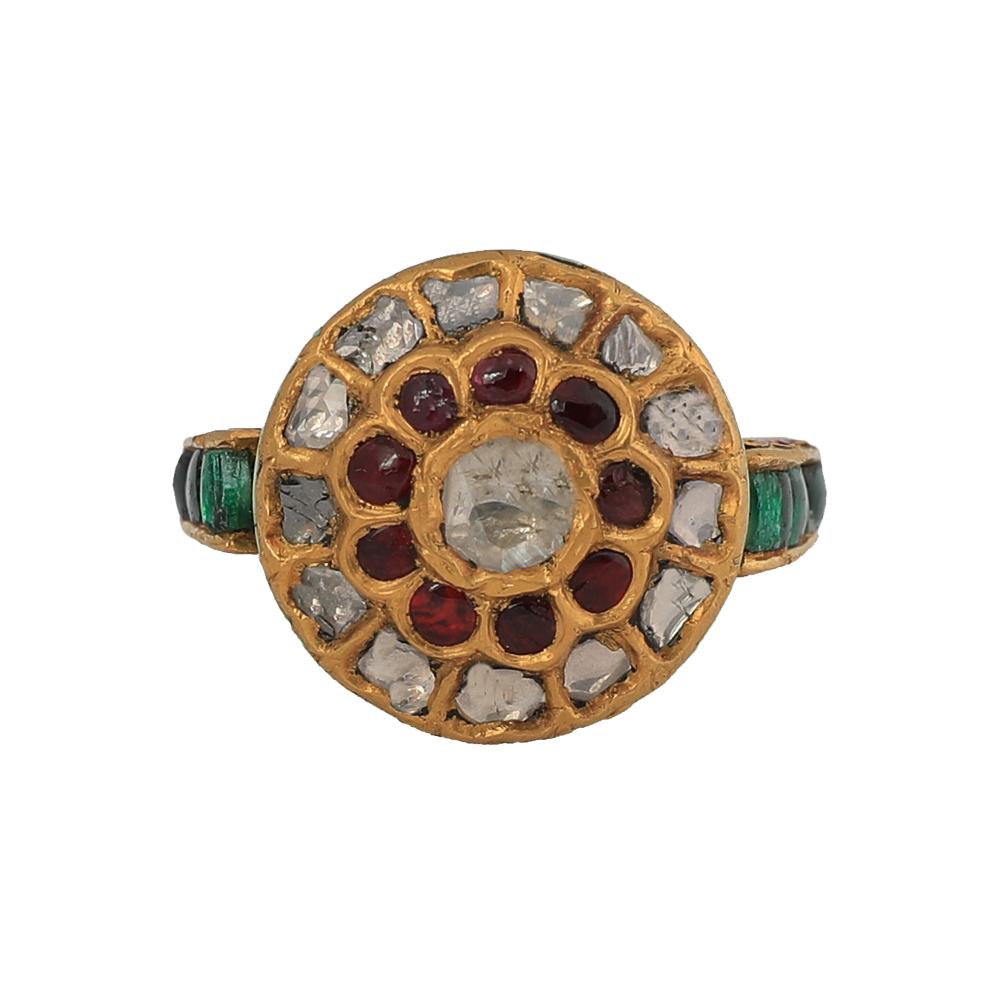 Manjrie Ruby Emerald Uncut Diamond Turquoise 22k Gold Artisan Enamel Ring (Kunsthandwerker*in)