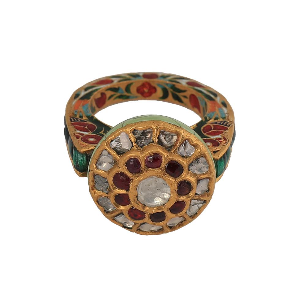 Women's Manjrie Ruby Emerald Uncut Diamond Turquoise 22k Gold Artisan Enamel Ring
