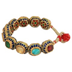 Manjrie Ruby Pearl Coral Sapphire Diamond Turquoise Gold Artisan Enamel Bracelet
