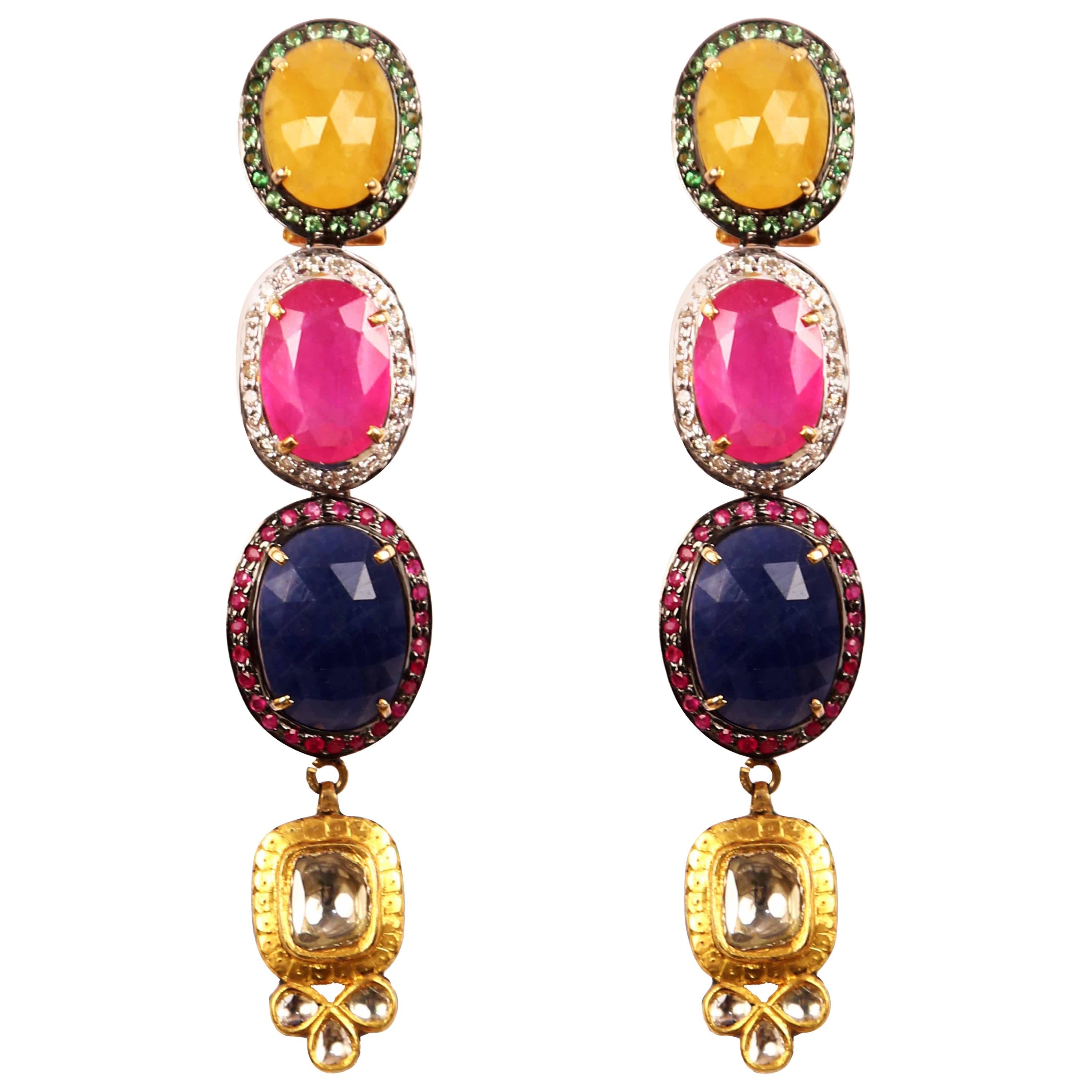 Manjrie Ruby Sapphire Emerald Diamond 18k Gold Contemporary Dangle Earrings For Sale