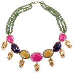 Manjrie Ruby Sapphire Emerald Diamond Aventurine 18k Gold Contemporary Necklace