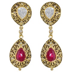 Manjrie Ruby Uncut Diamond 22k Gold Artisan Dangle Earrings