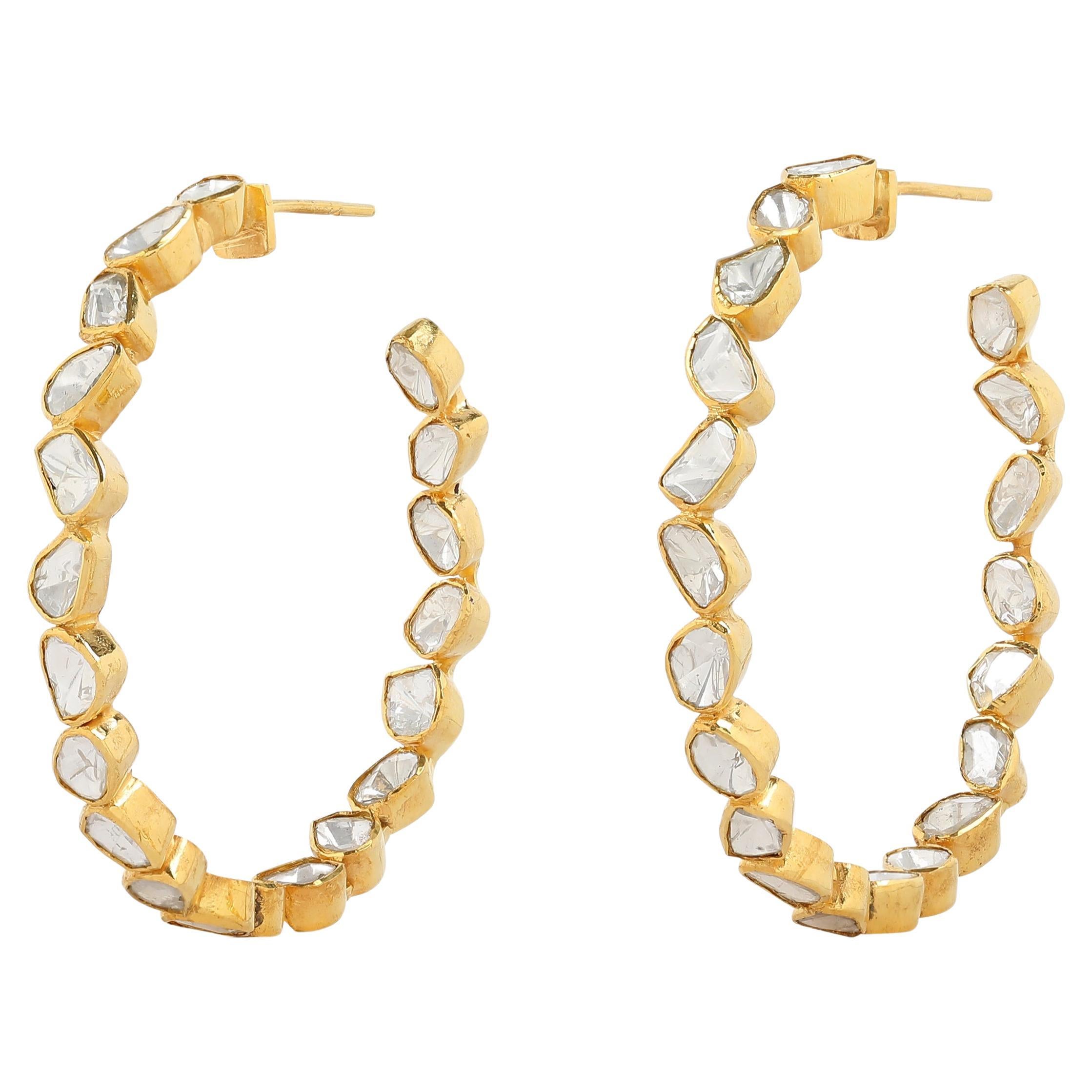 18 Karat Yellow Gold Large Hoop Earrings with Uncut Diamonds For Sale
