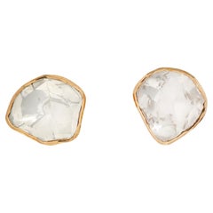 18 Karat Yellow Gold Single Large Stone Earrings with Uncut Diamonds