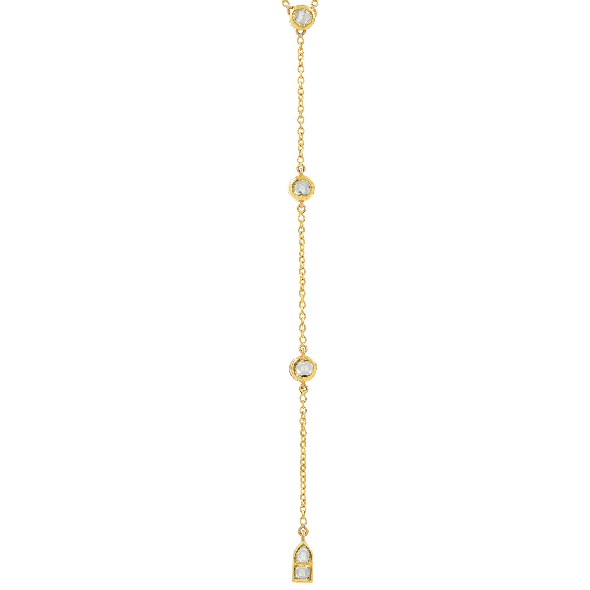 Behold the exquisite Tie Drop Necklace. Featuring Polki Diamonds (Uncut Diamonds) in the embrace of 18 Karat Yellow Gold. It is artistically crafted to bring out the shine of the Polki Diamonds (Uncut Diamonds) either way it is worn. Like beautiful