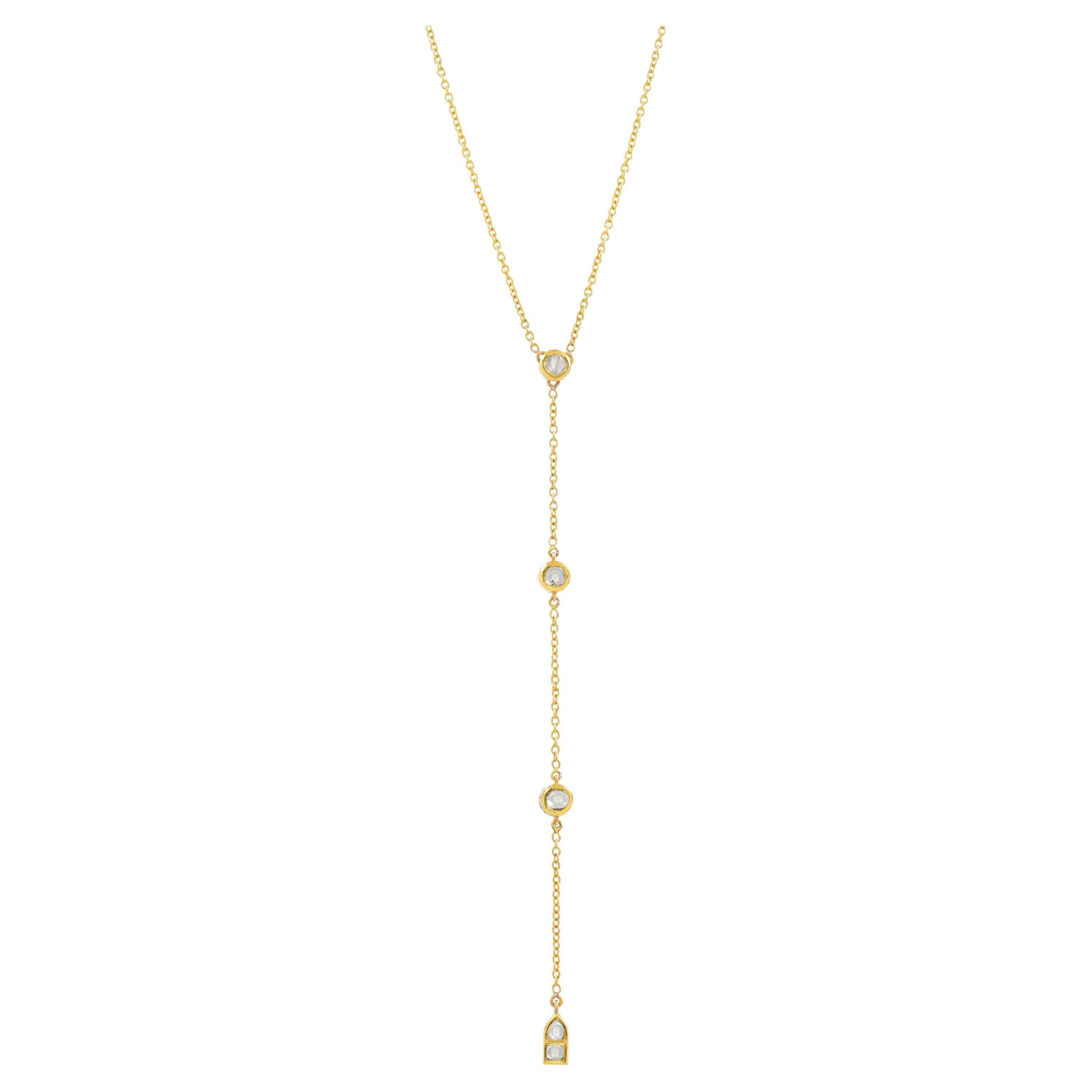 18 Karat Yellow Gold Tie Drop Necklace with Uncut Diamonds
