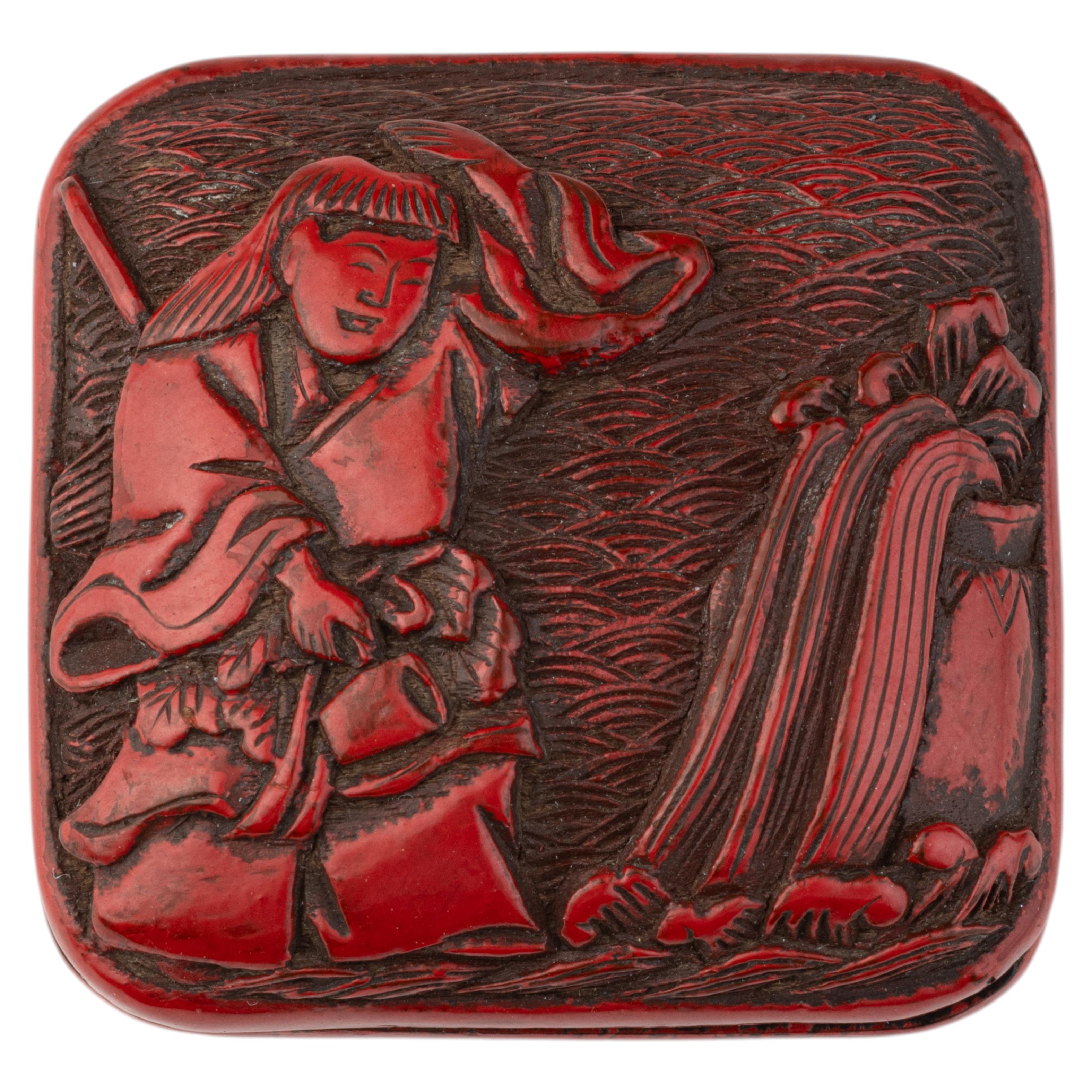Manju Netsuke in red lacquer carved using tsuishu technique For Sale