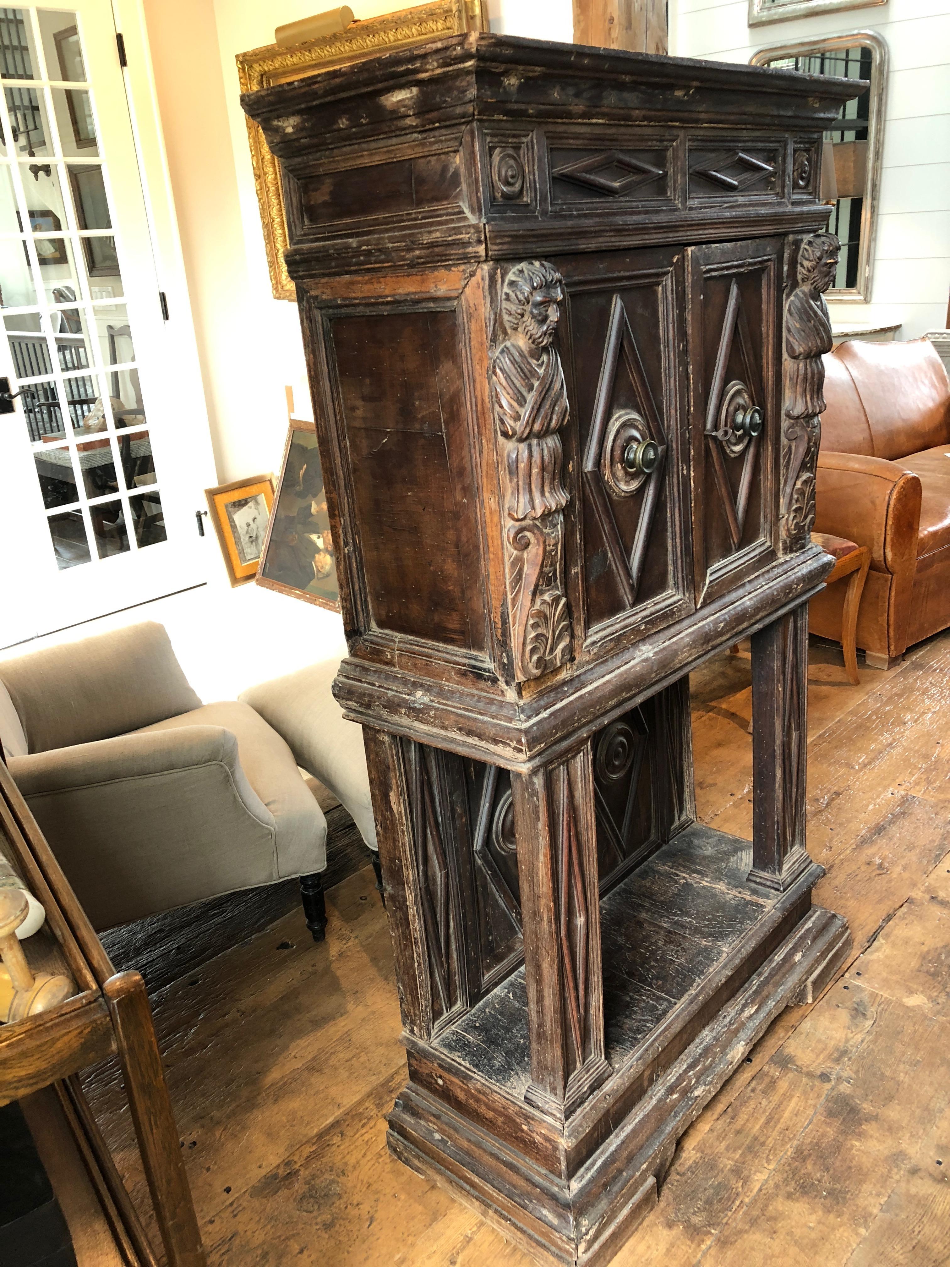 Baroque Manly Rustic Carved Walnut Cabinet on Stand