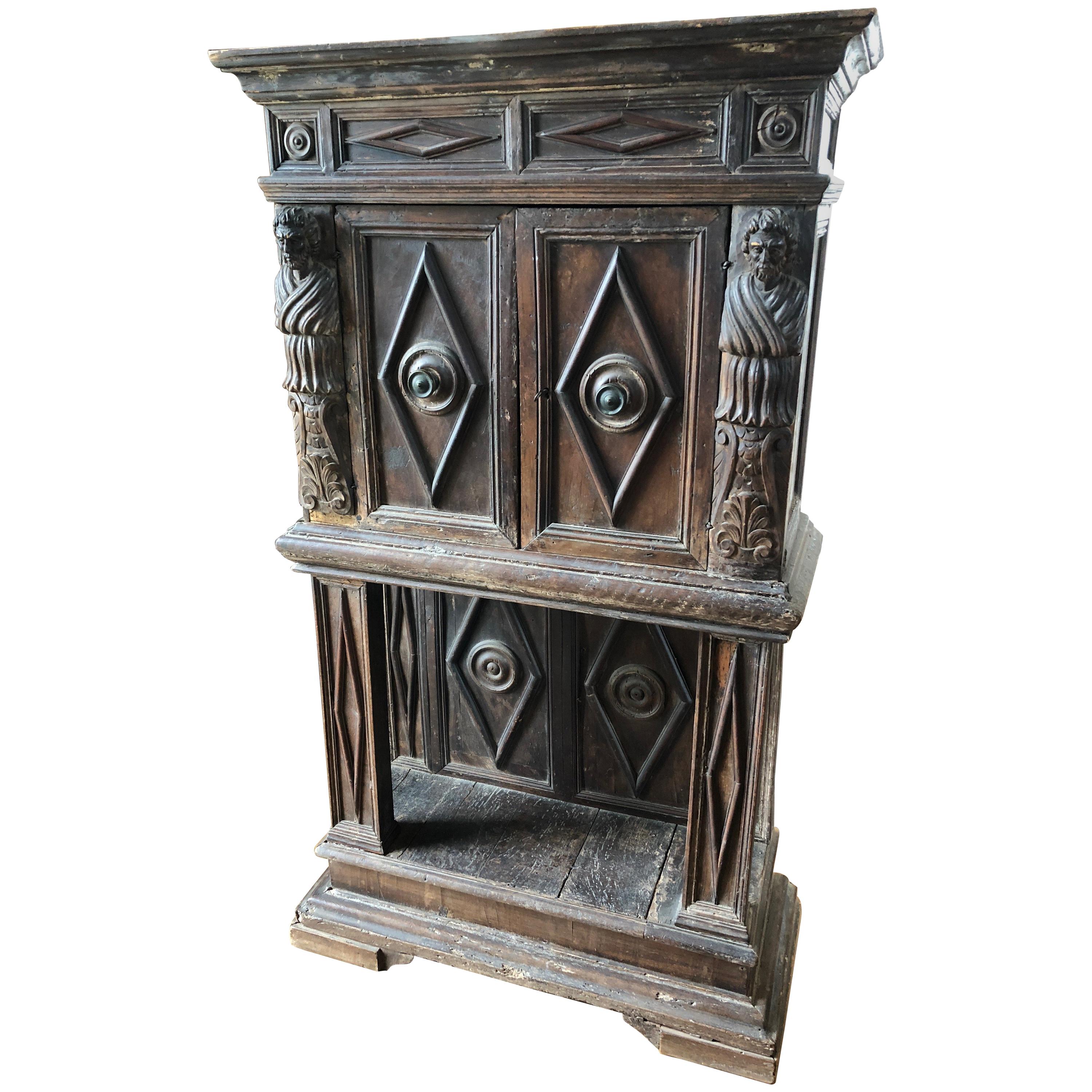 Manly Rustic Carved Walnut Cabinet on Stand