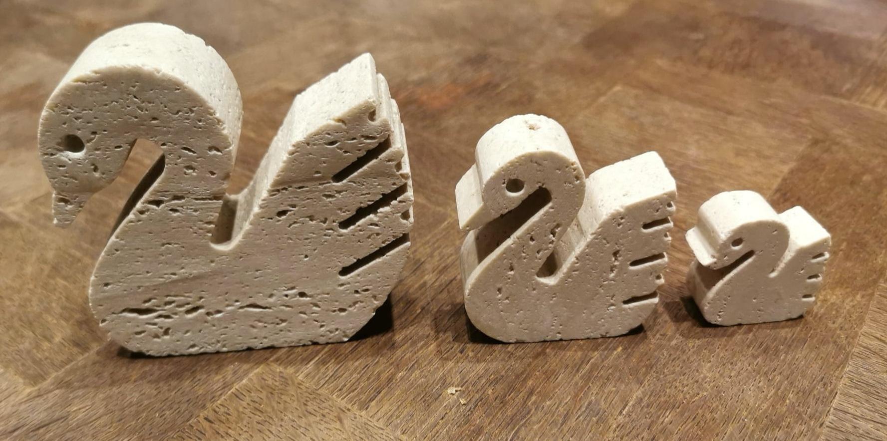 We kindly suggest you read the whole description, because with it we try to give you detailed technical and historical information to guarantee the authenticity of our objects.
A nice and pleasant trio of swans in travertine of three different