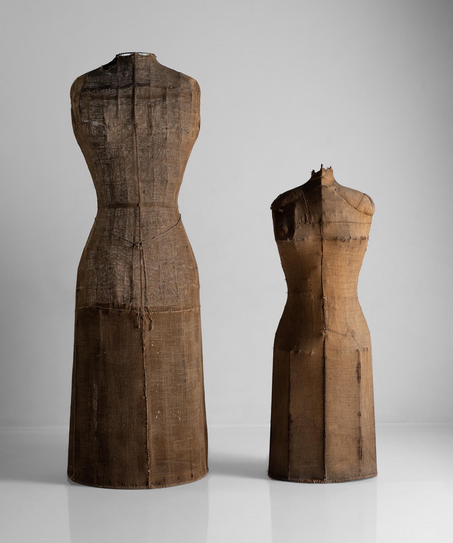 Mannequin Forms, England, circa 1890.

Larger than life Dress Forms, originally used as theater props. Metal wire frame with weathered burlap exterior.

Measures: 28