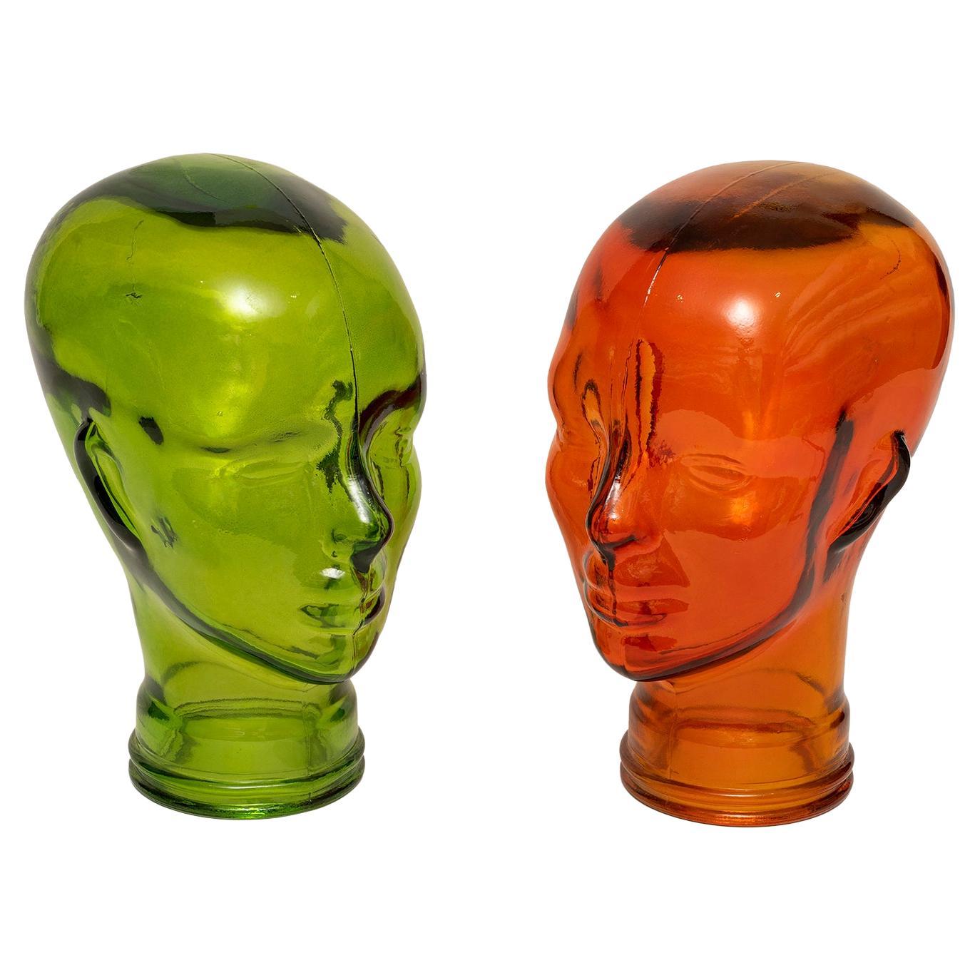 Mannequin Stands Heads Pair Glass Green Orange height 30cm 12" For Sale