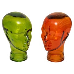 Paar Mannequin-Ständer mit Köpfen aus Glas in Grün und Orange, 30cm 12"