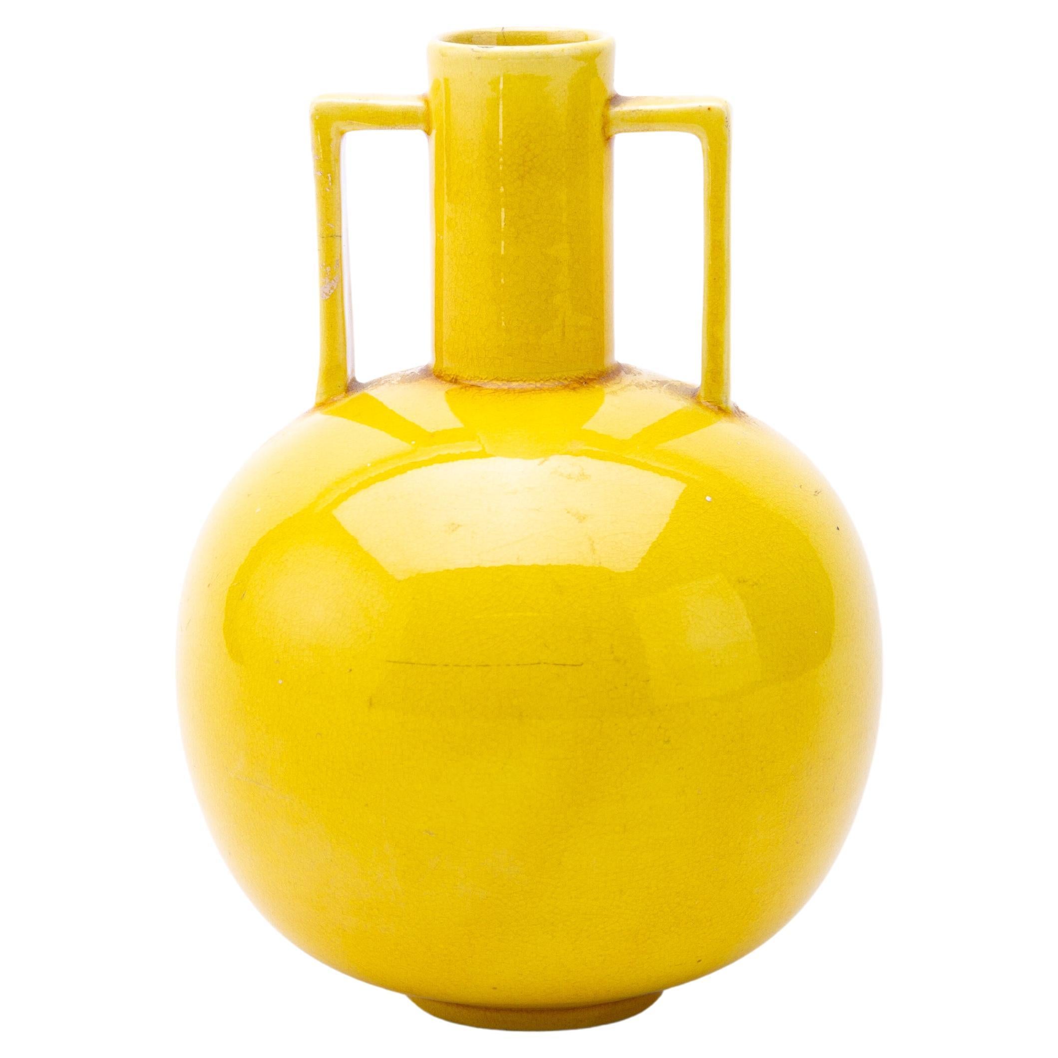 Manner of Christopher Dresser Glazed Yellow Twin-Handled Aesthetic Ceramic Vase