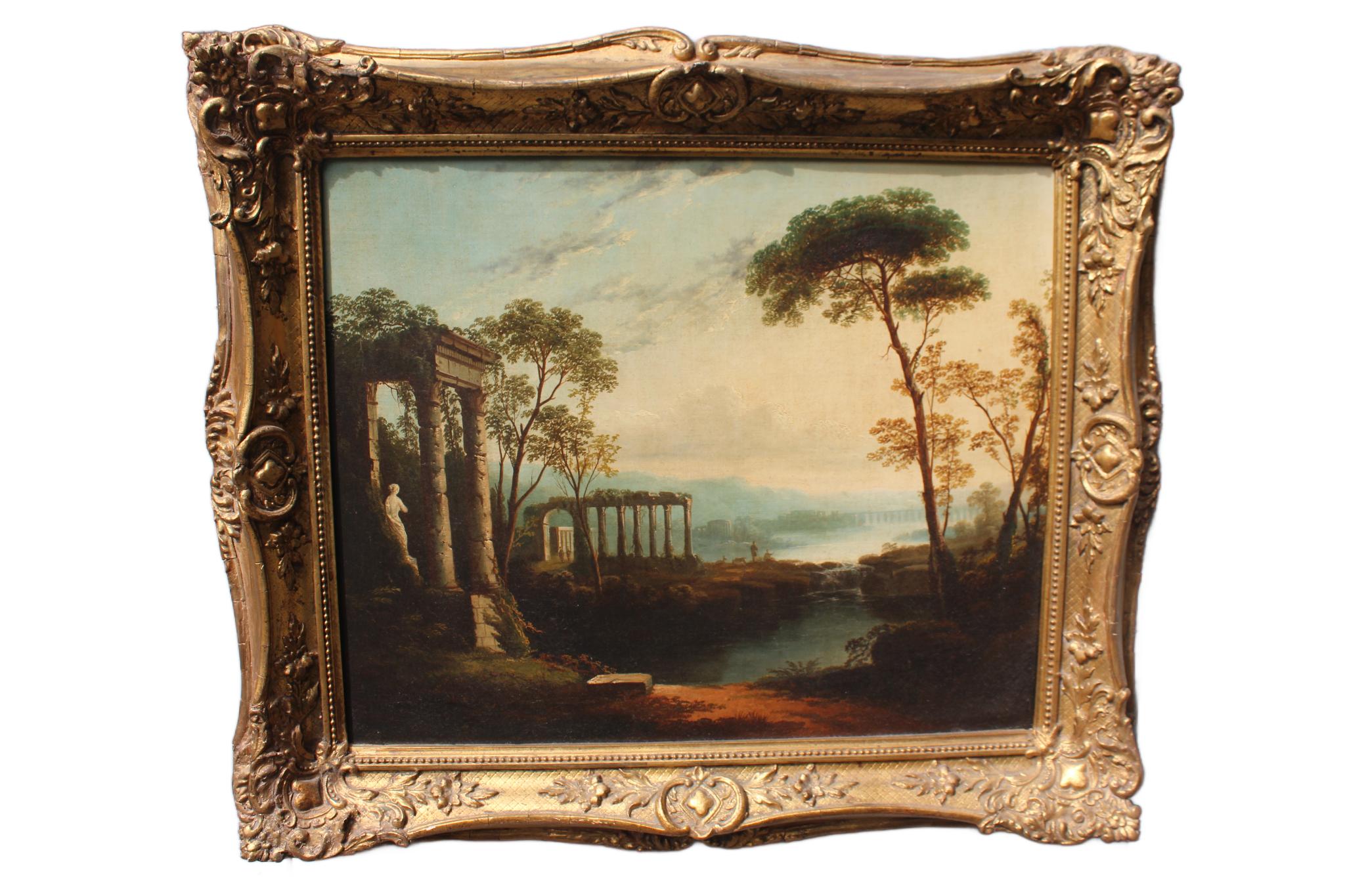An Exquisite Italianate Arcadian Landscape Oil Painting

This late 18th-century Italianate classical landscape oil painting beautifully captures the timeless elegance of Claude Lorrain-style art. Featuring an extensive pastoral scene with classical