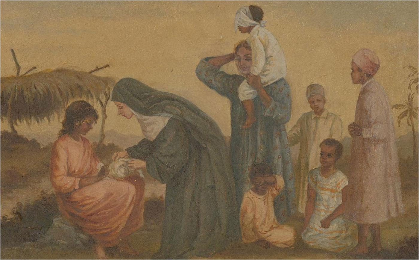 A heartwarming scene showing a nun kindly aiding sick and blind children in a middle Eastern landscape. The painting is unsigned, on board. and presented in a wood frame. On board.
