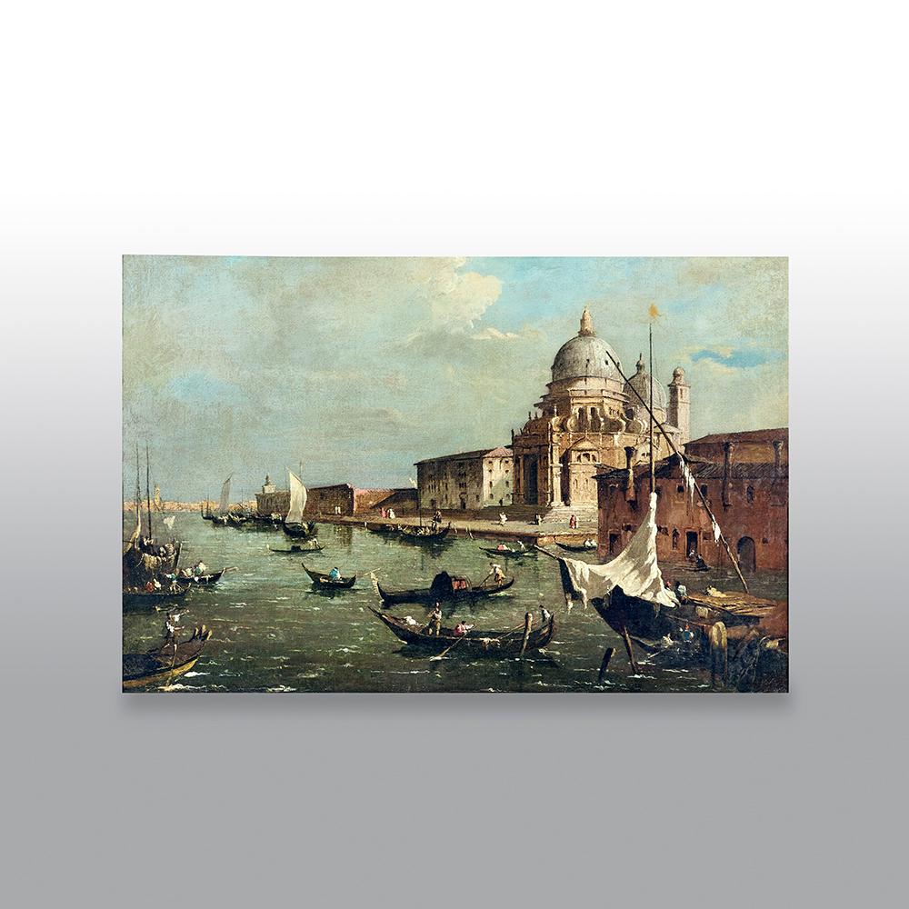 Maniera di Francesco Guardi, fine del XIX secolo. Il Canal Grande con Santa Maria della Salute. Olio su tela in cornice dorata.