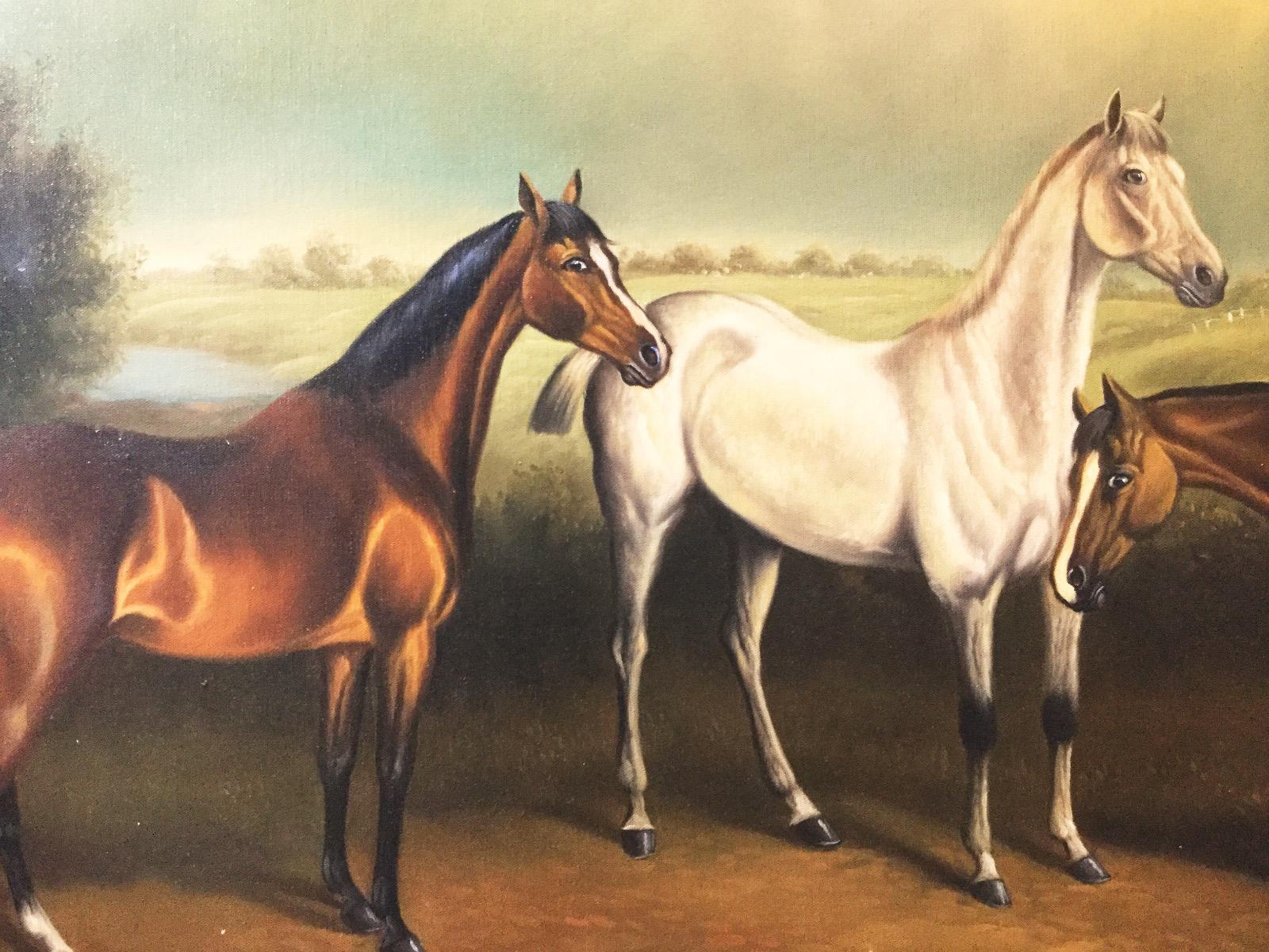 Huge Oil Painting of Horses In A Landscape Manner of George Stubbs  - Brown Animal Painting by Unknown
