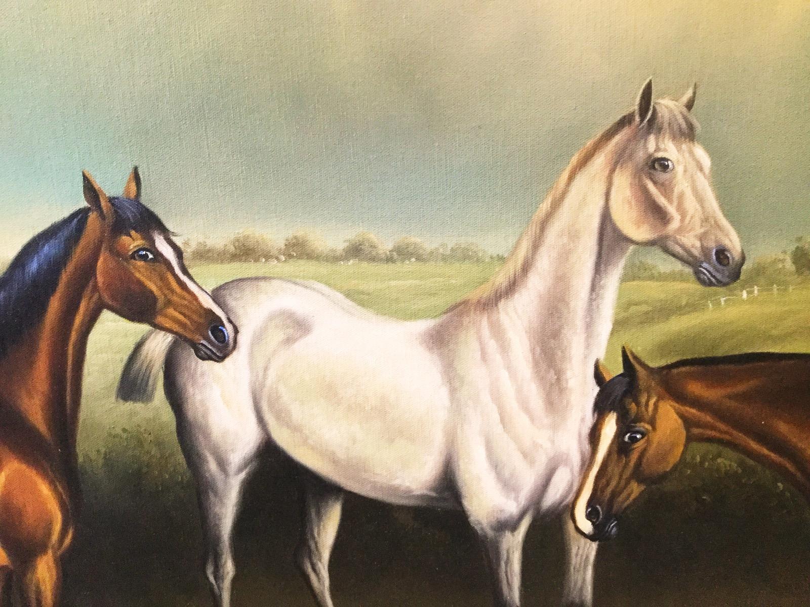 I am delighted to offer this huge acrylic oil painting on canvas of wild horses in a rural landscape beautifully executed in the style of similar works by the famous equine artist George Stubbs (1724-1806).

George Stubbs was born to a wealthy