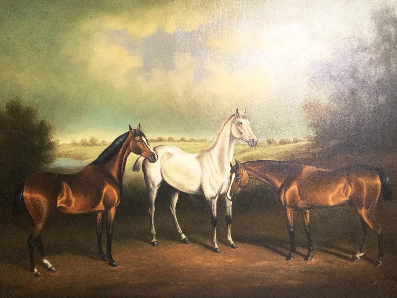 Unknown Animal Painting - Huge Oil Painting of Horses In A Landscape Manner of George Stubbs 