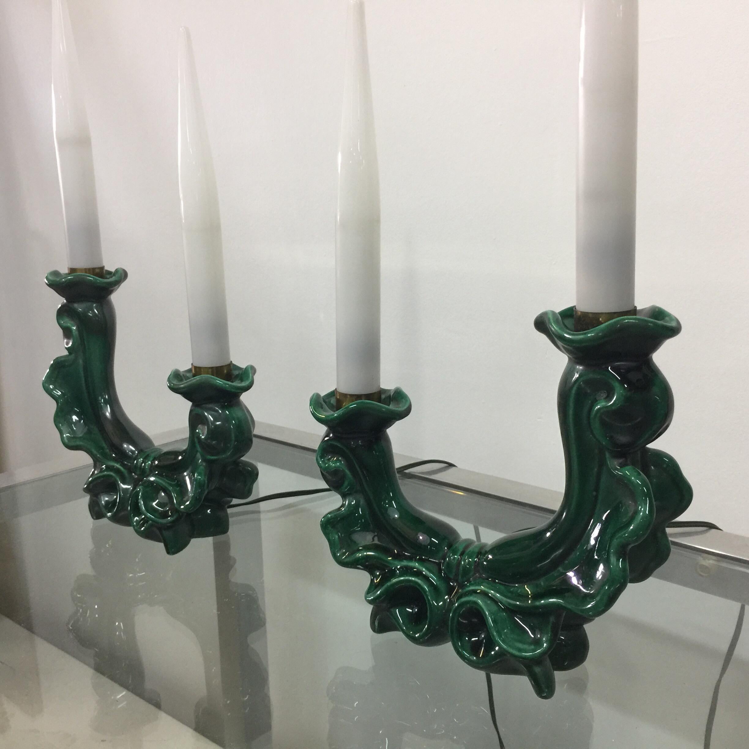 Manner of Georges Jouve Green Ceramic Table Lamps (Keramik)
