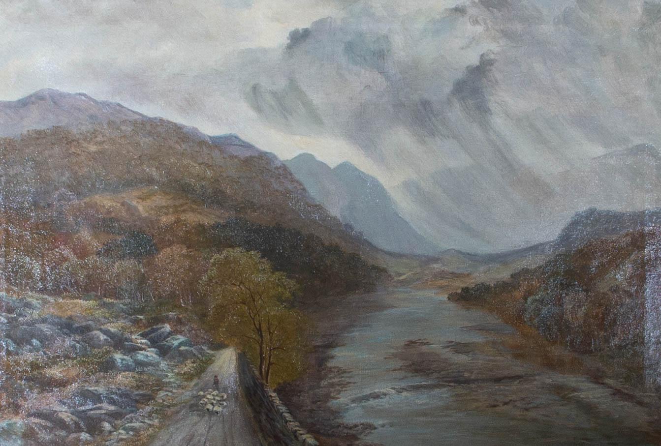 A striking and panoramic oil landscape showing a dramatic mountain range in the Yorkshire Dales with brooding rain clouds unleashing sheets of rain in the distance as a farmer drives his flock of sheep home, down a country track by a river. This