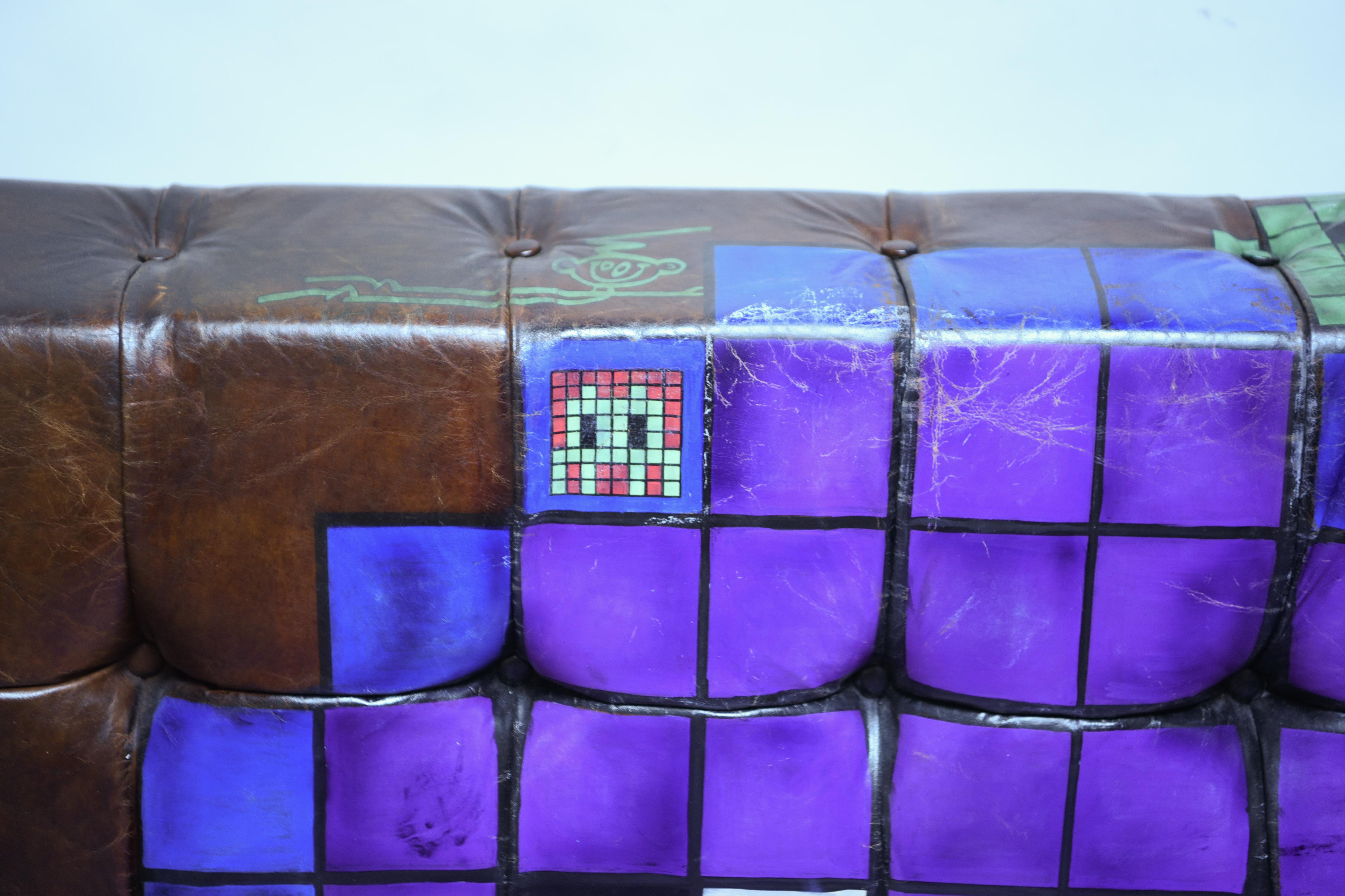 Manner of Invader Graffiti Art Painted Leather Sofa 3
