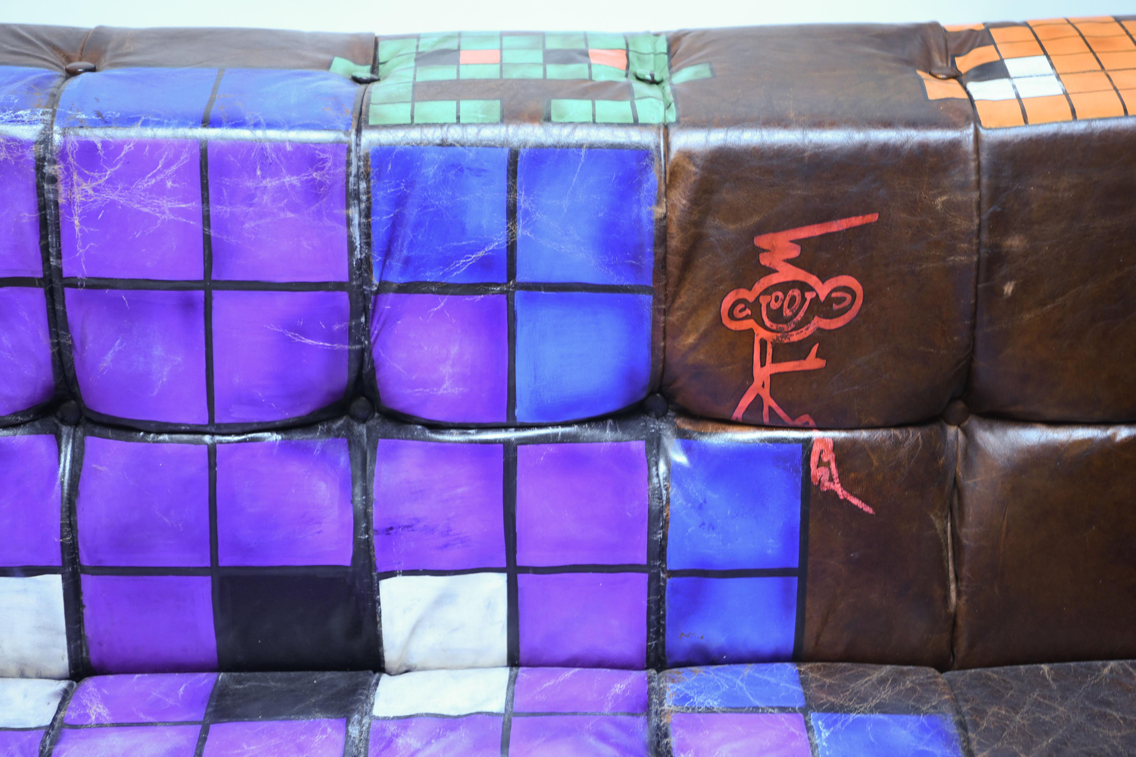 Manner of Invader Graffiti Art Painted Leather Sofa 4