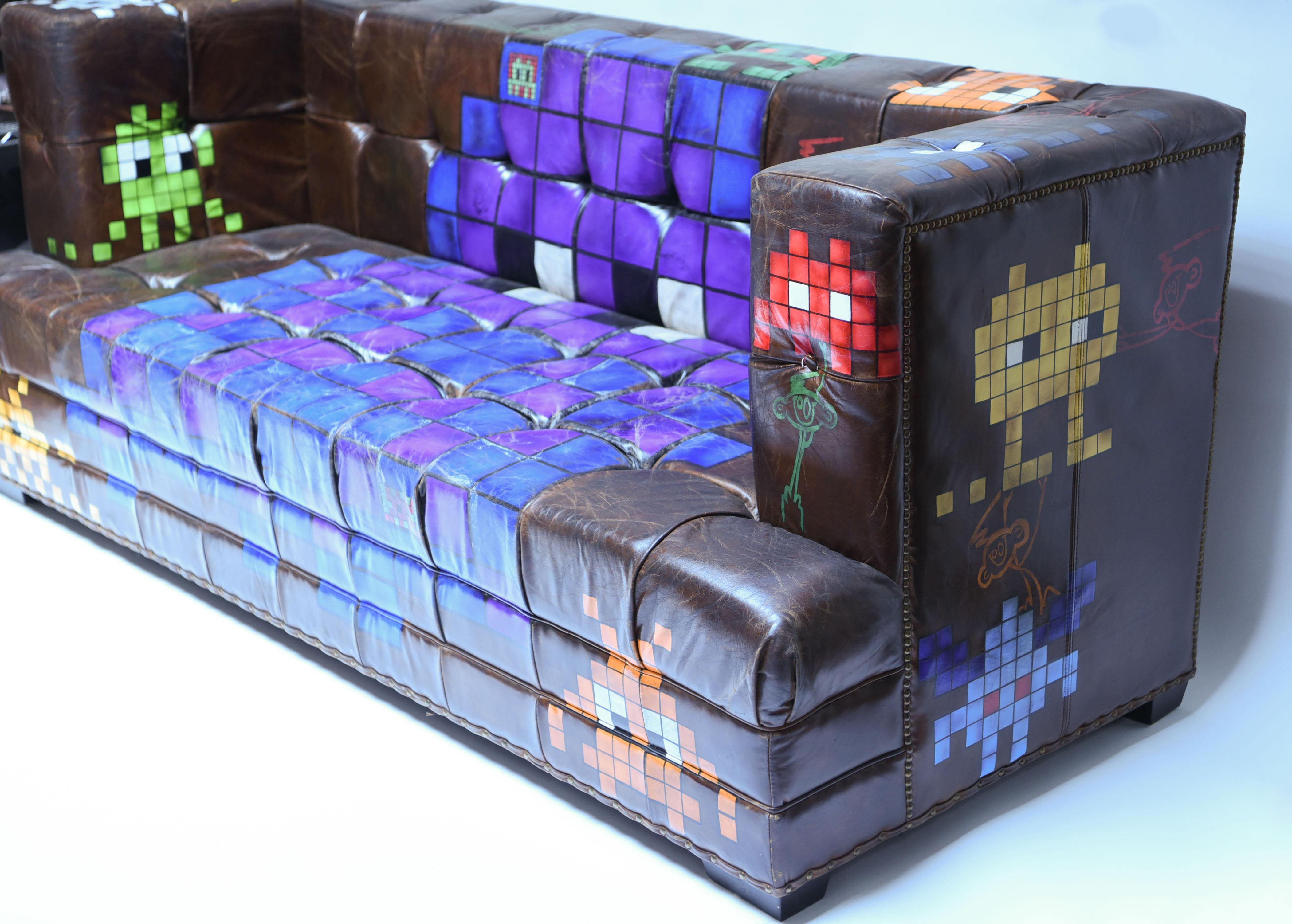 Manner of Invader Graffiti Art Painted Leather Sofa 5