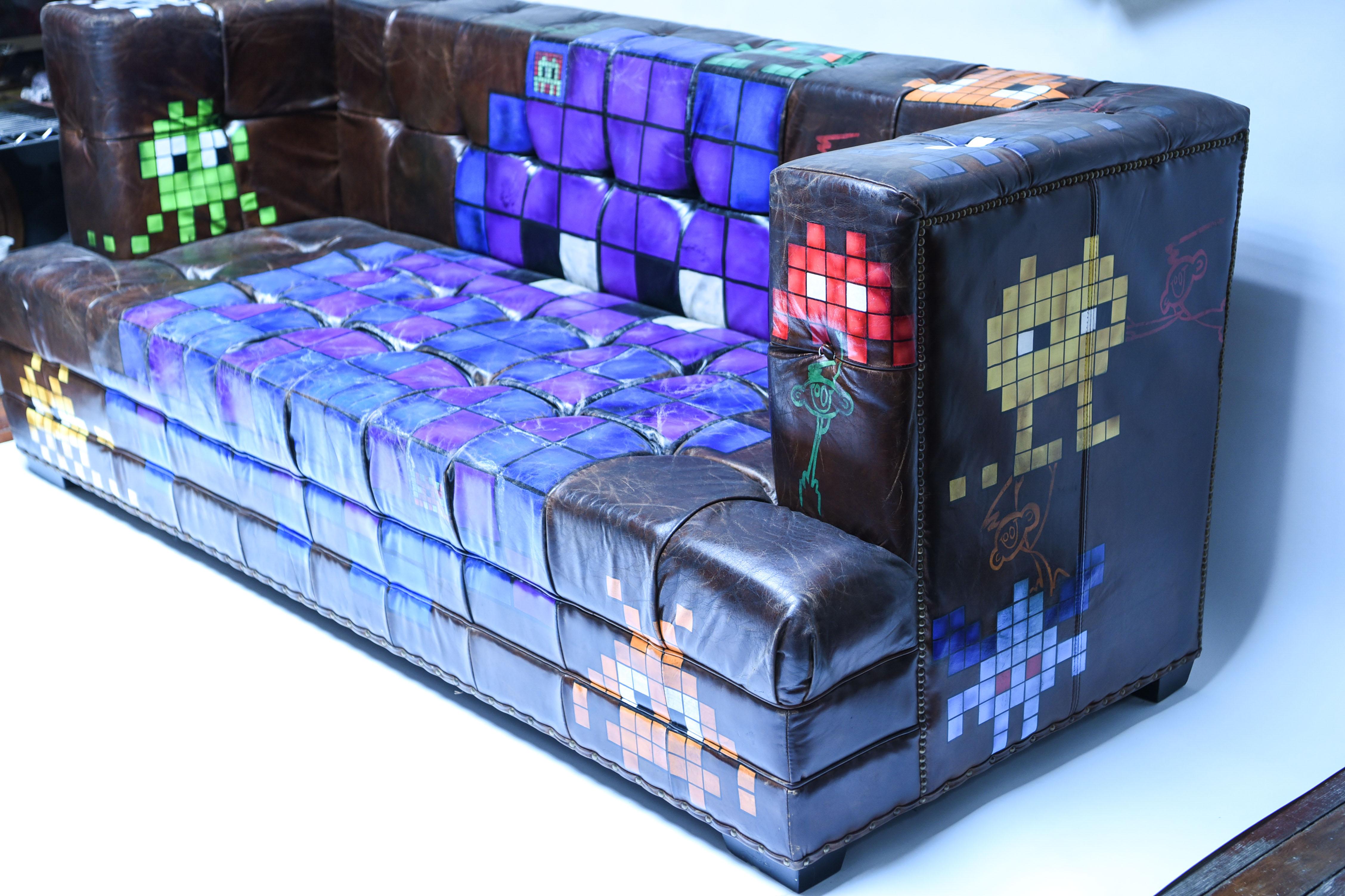 Manner of Invader Graffiti Art Painted Leather Sofa 6