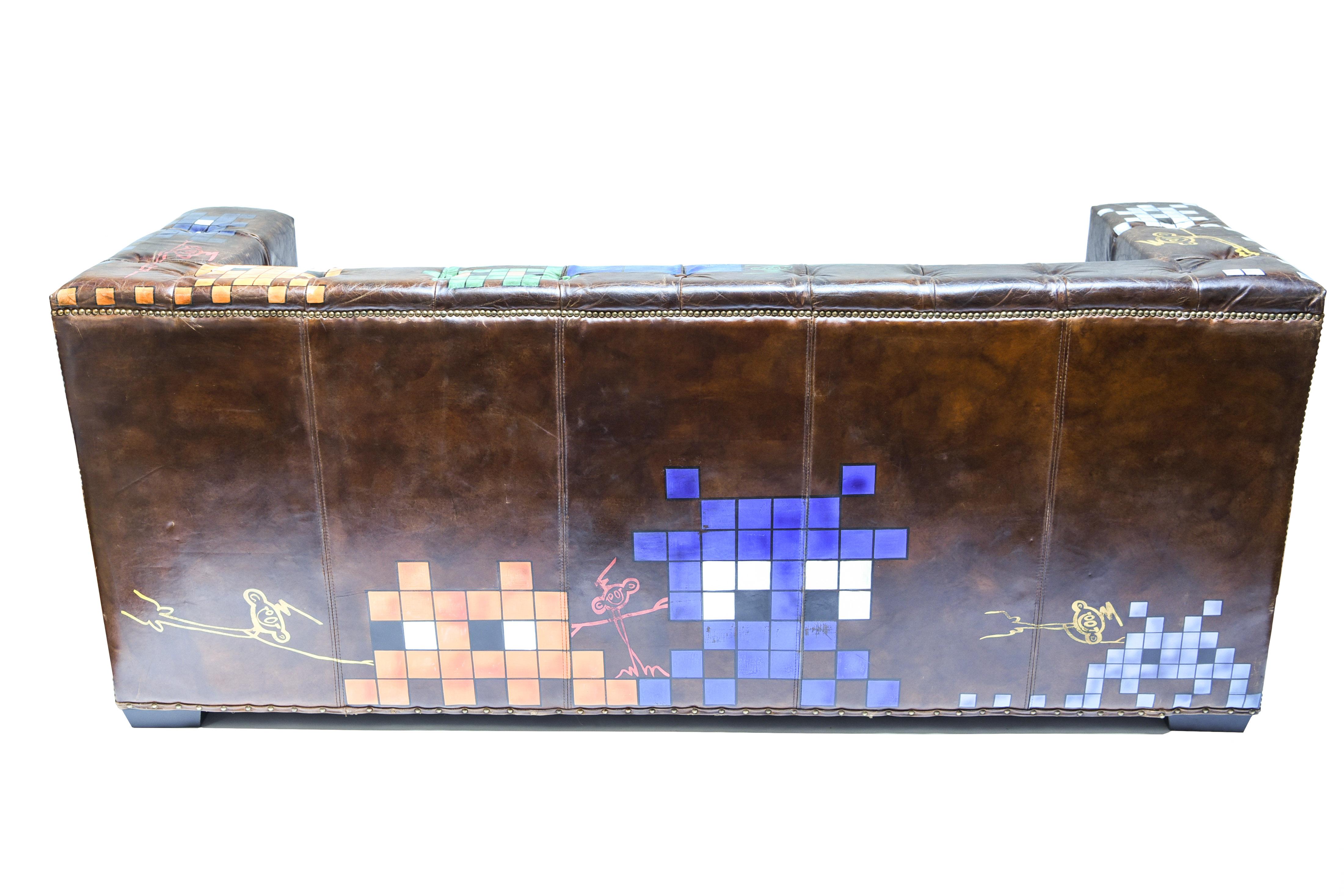 Manner of Invader Graffiti Art Painted Leather Sofa 7