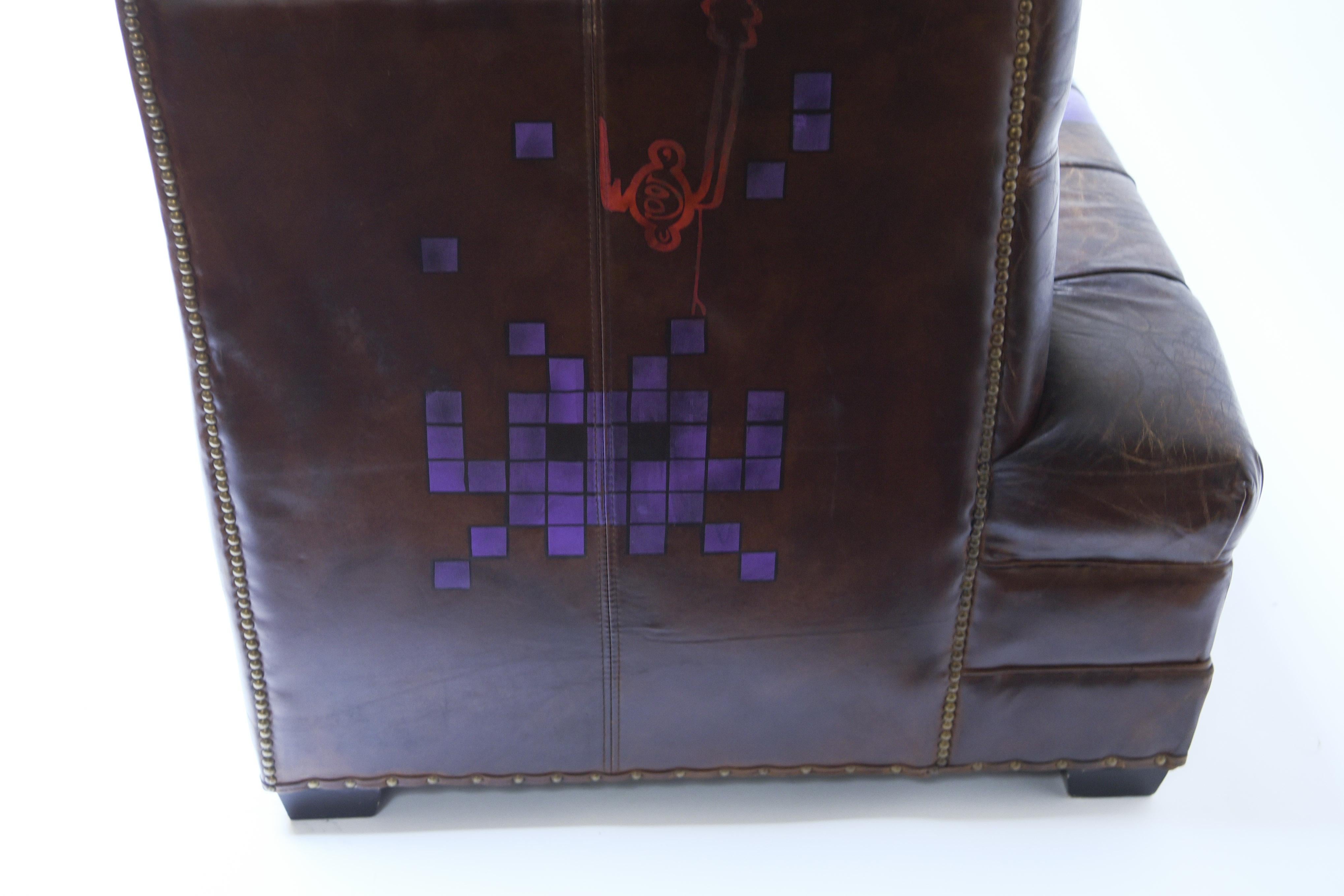 Manner of Invader Graffiti Art Painted Leather Sofa 8