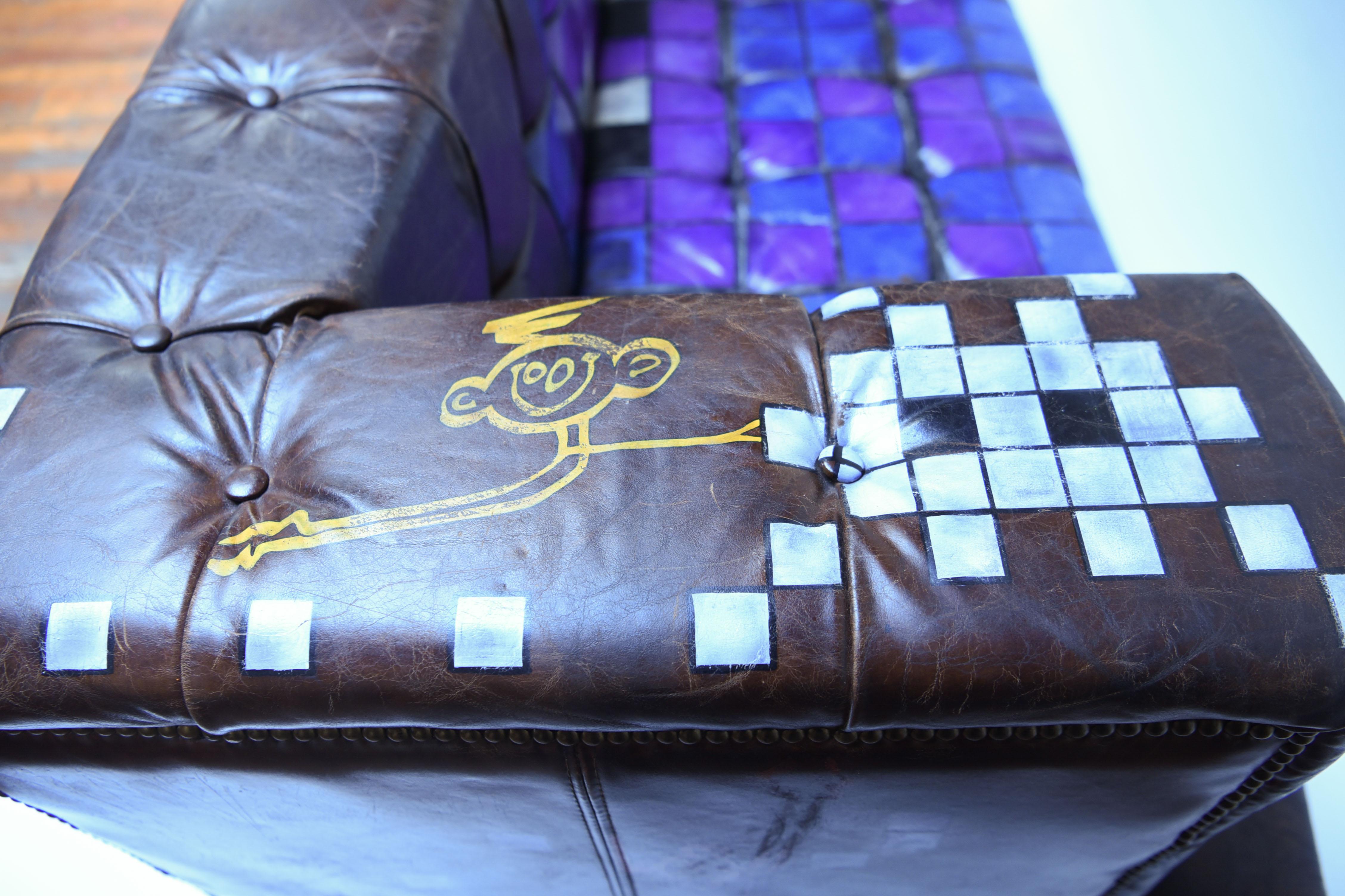 Manner of Invader Graffiti Art Painted Leather Sofa 9